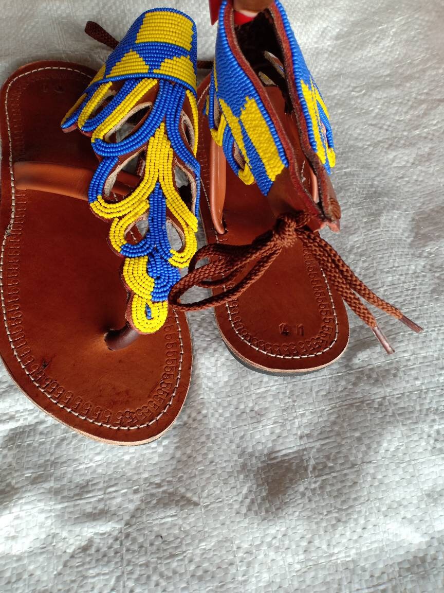 Handmade African Beaded Sandals/Authentic Maasai-Style Leather Flip-Flops Women/Boho Beach Sandals/Comfortable Summer Sandal African Gifts