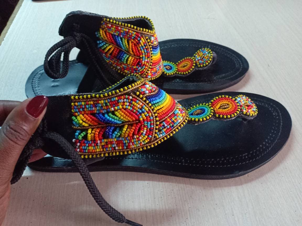 Handmade African Beaded Sandals/Authentic Maasai-Style Leather Flip-Flops Women/Boho Beach Sandals/Comfortable Summer Sandal African Gifts