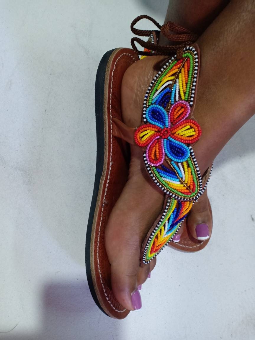 Handmade African Beaded Sandals/Authentic Maasai-Style Leather Flip-Flops Women/Boho Beach Sandals/Comfortable Summer Sandal African Gifts