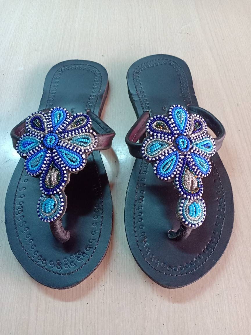 Handmade African Beaded Sandals/Authentic Maasai-Style Leather Flip-Flops Women/Boho Beach Sandals/Comfortable Summer Sandal African Gifts