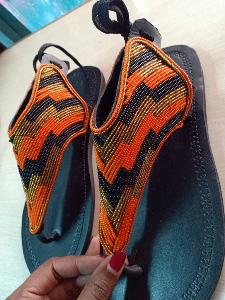 Handmade African Beaded Sandals/Authentic Maasai-Style Leather Flip-Flops Women/Boho Beach Sandals/Comfortable Summer Sandal African Gifts