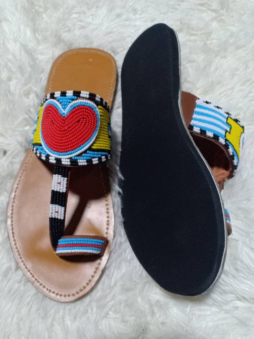 Handmade African Beaded Sandals/Authentic Maasai-Style Leather Flip-Flops Women/Boho Beach Sandals/Comfortable Summer Sandal African Gifts