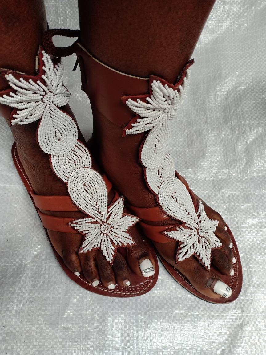 Handmade African Beaded Sandals/Authentic Maasai-Style Leather Flip-Flops Women/Boho Beach Sandals/Comfortable Summer Sandal African Gifts