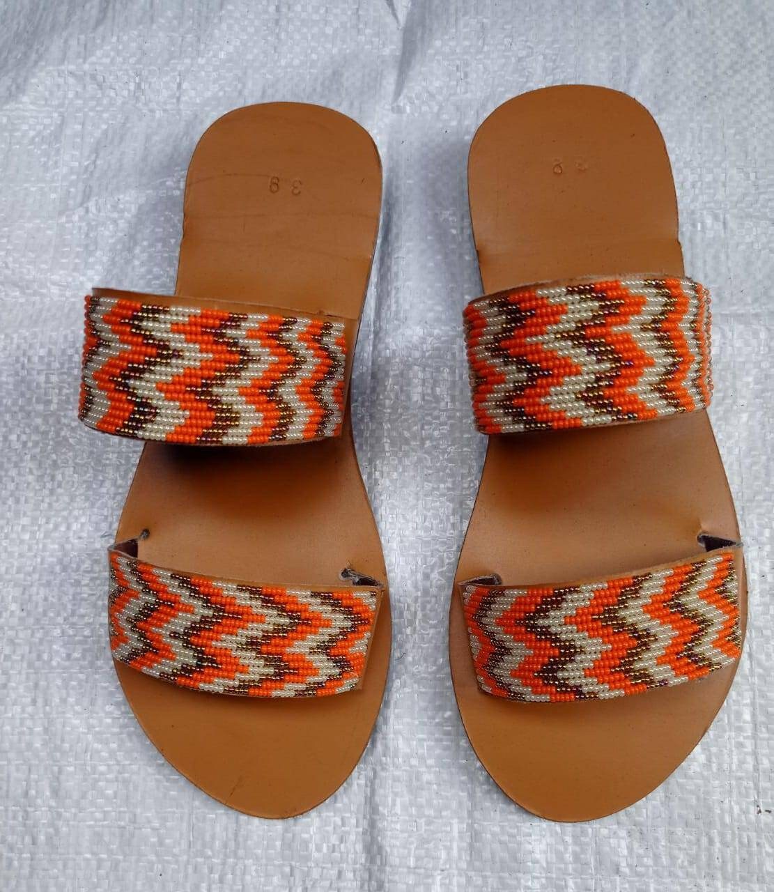 Handmade African Beaded Sandals/Authentic Maasai-Style Leather Flip-Flops Women/Boho Beach Sandals/Comfortable Summer Sandal African Gifts