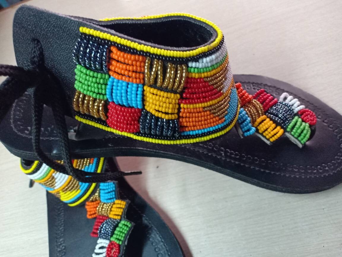 Handmade African Beaded Sandals/Authentic Maasai-Style Leather Flip-Flops Women/Boho Beach Sandals/Comfortable Summer Sandal African Gifts