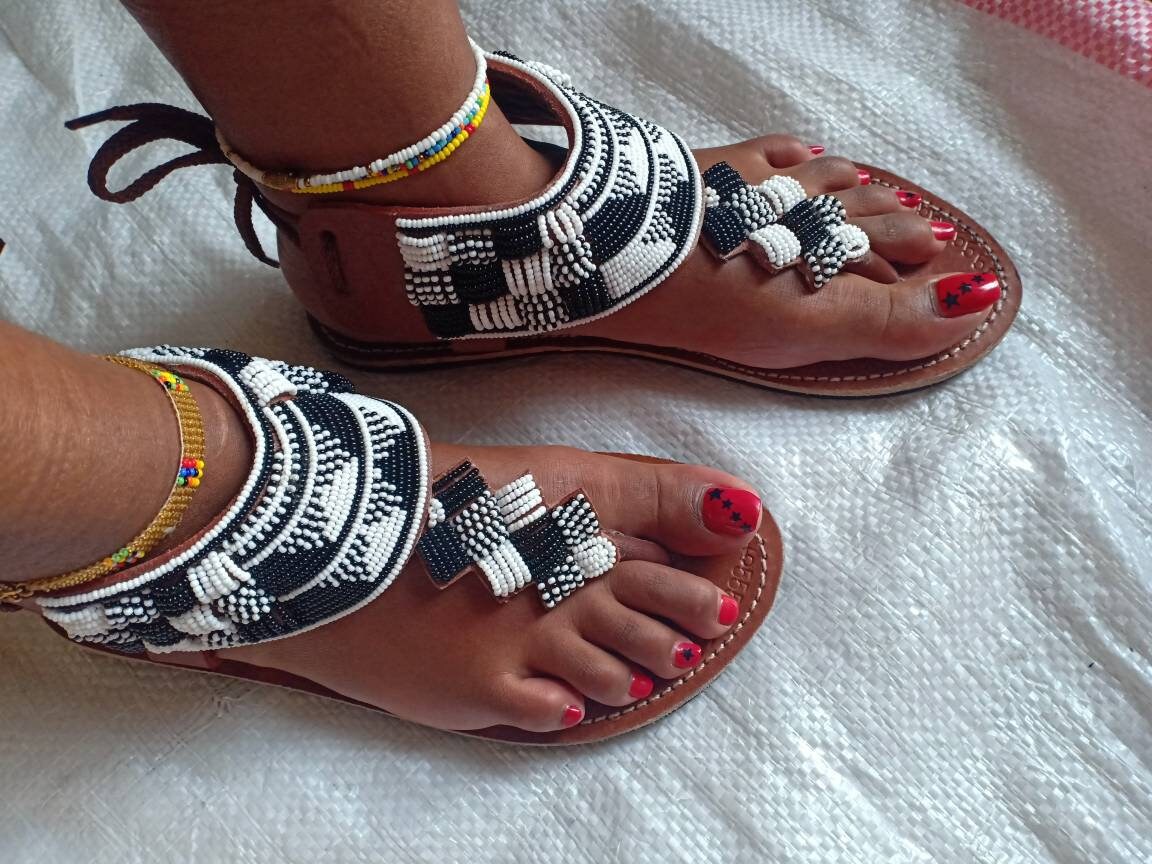 Handmade African Beaded Sandals/Authentic Maasai-Style Leather Flip-Flops Women/Boho Beach Sandals/Comfortable Summer Sandal African Gifts