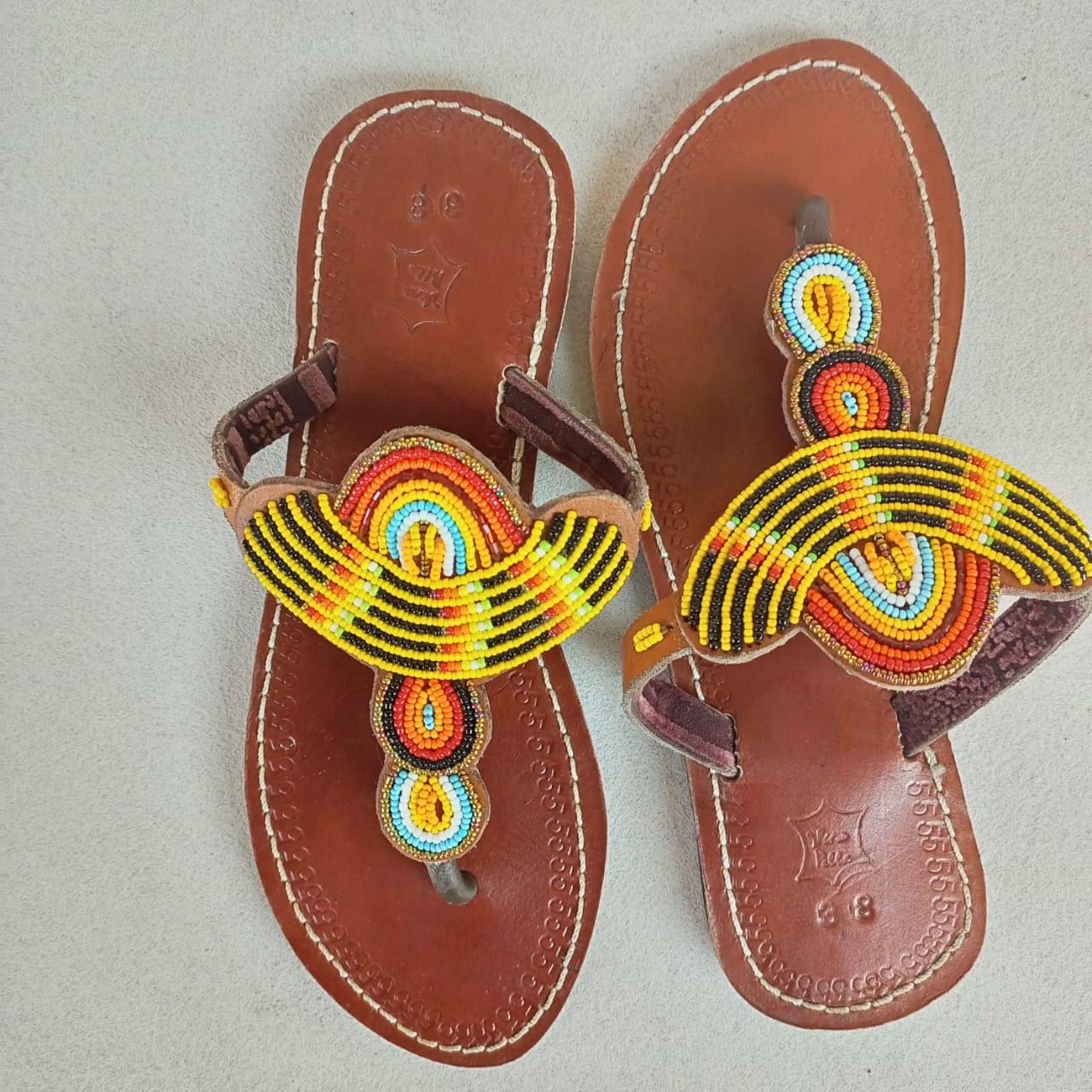 Handmade African Beaded Sandals/Authentic Maasai-Style Leather Flip-Flops Women/Boho Beach Sandals/Comfortable Summer Sandal African Gifts