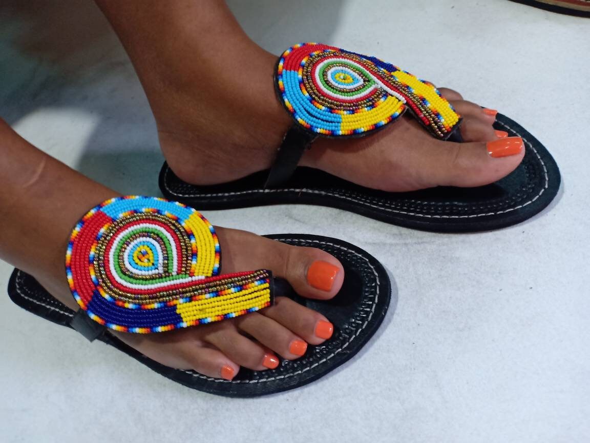 Handmade African Beaded Sandals/Authentic Maasai-Style Leather Flip-Flops Women/Boho Beach Sandals/Comfortable Summer Sandal African Gifts