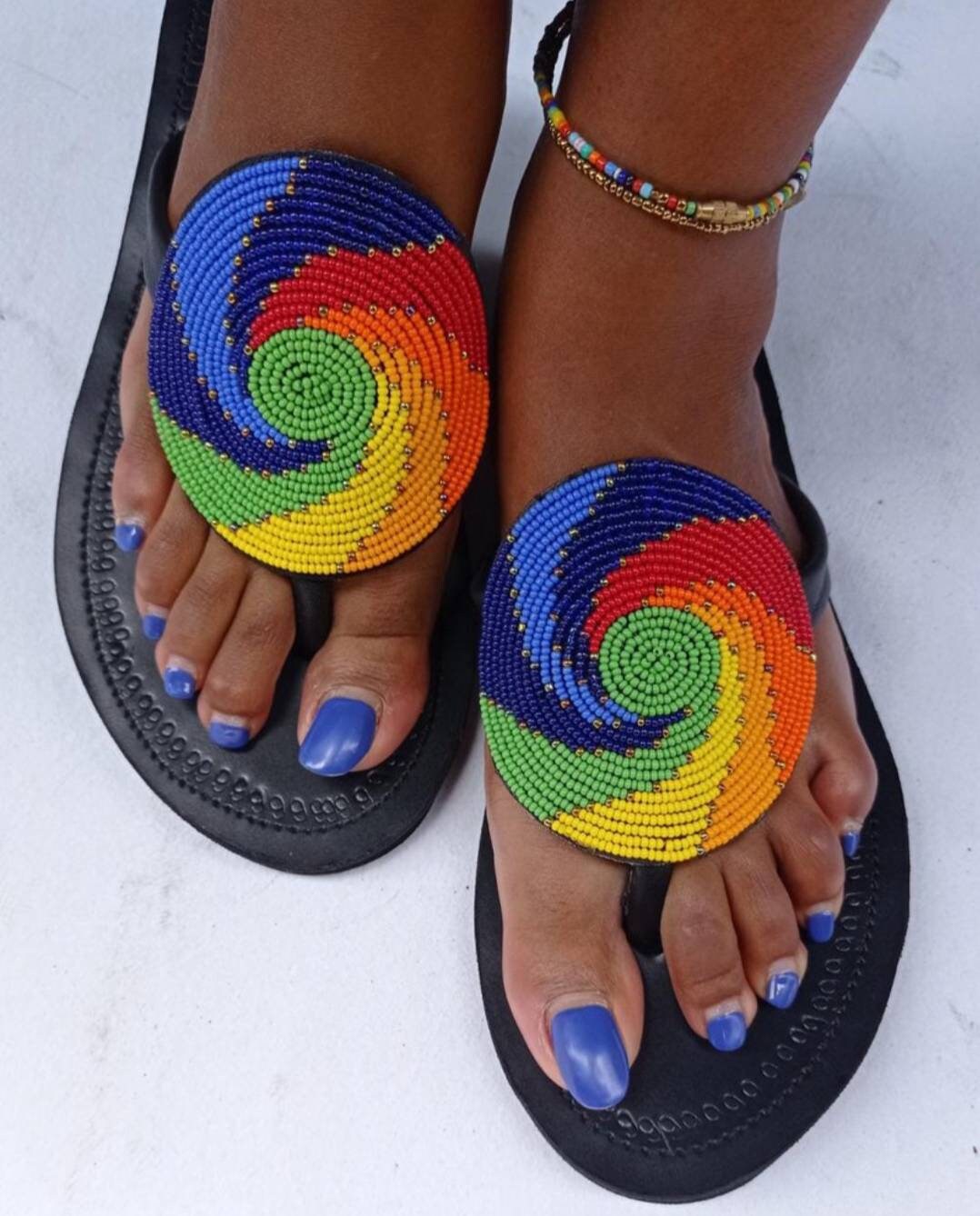 Handmade African Beaded Sandals/Authentic Maasai-Style Leather Flip-Flops Women/Boho Beach Sandals/Comfortable Summer Sandal African Gifts