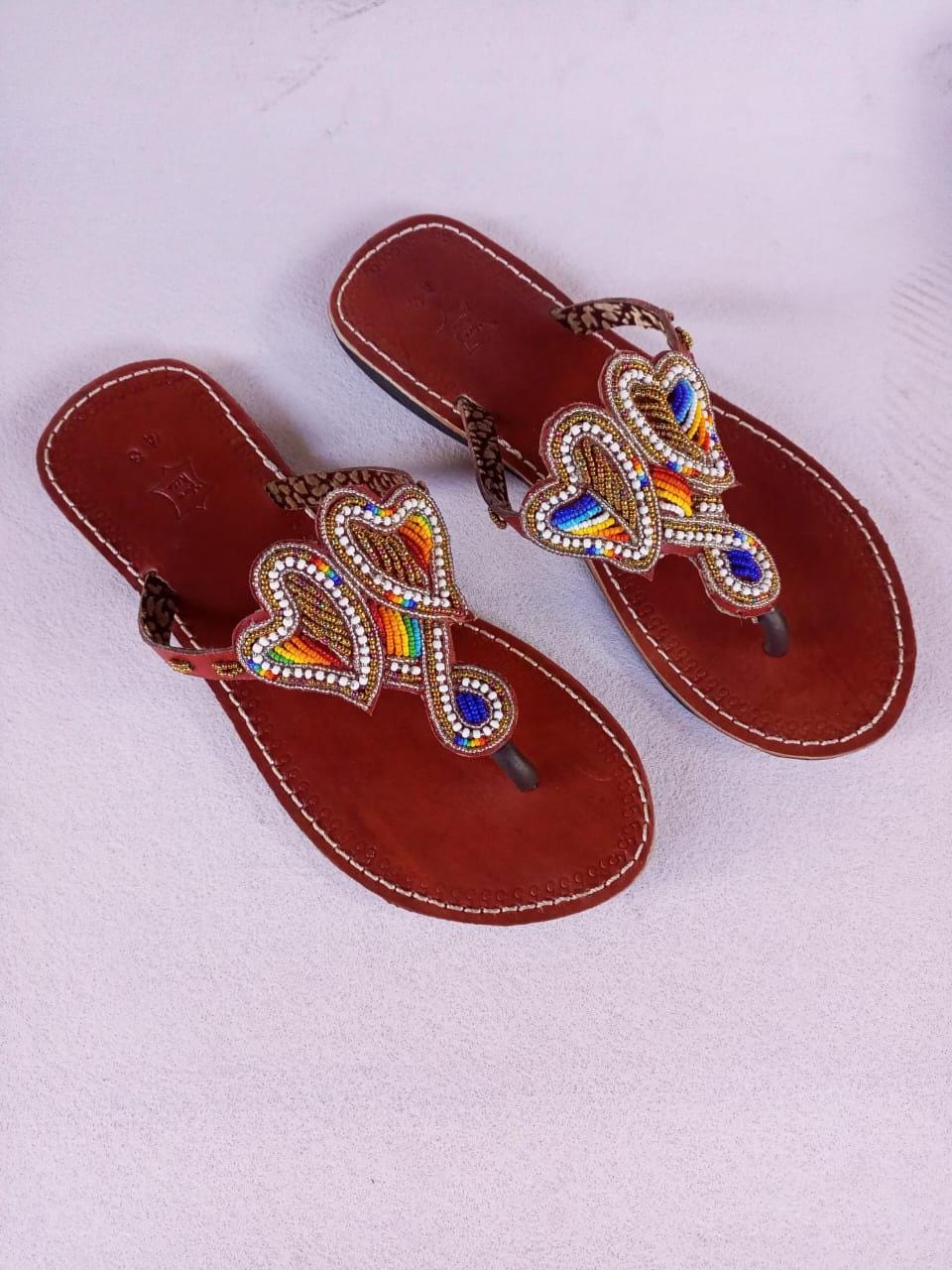 Handmade African Beaded Sandals/Authentic Maasai-Style Leather Flip-Flops Women/Boho Beach Sandals/Comfortable Summer Sandal African Gifts