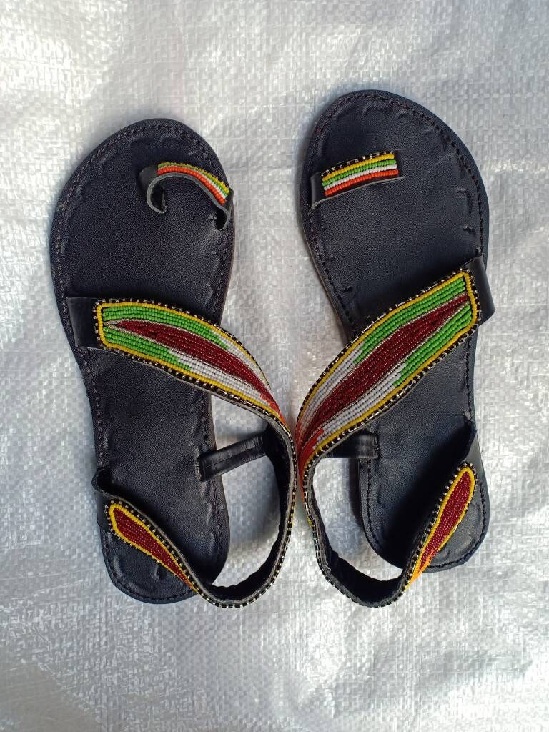 Handmade African Beaded Sandals/Authentic Maasai-Style Leather Flip-Flops Women/Boho Beach Sandals/Comfortable Summer Sandal African Gifts