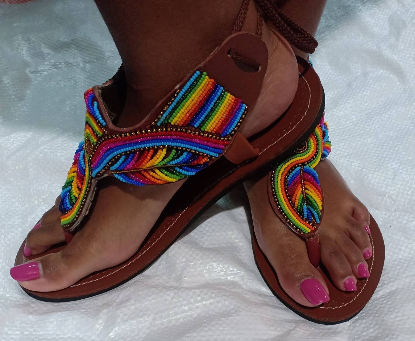 Handmade African Beaded Sandals/Authentic Maasai-Style Leather Flip-Flops Women/Boho Beach Sandals/Comfortable Summer Sandal African Gifts