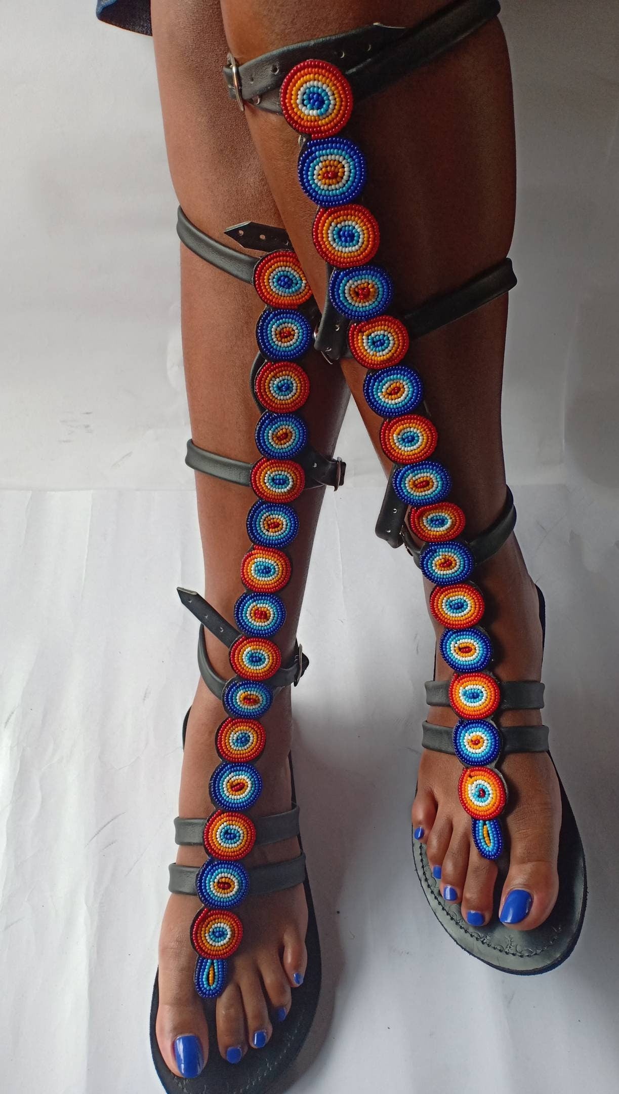 knee length gladiator Beaded Sandals/Authentic Maasai-Style Leather Flip-Flops Women/Boho Beach Sandals/ Summer Sandal African Gifts