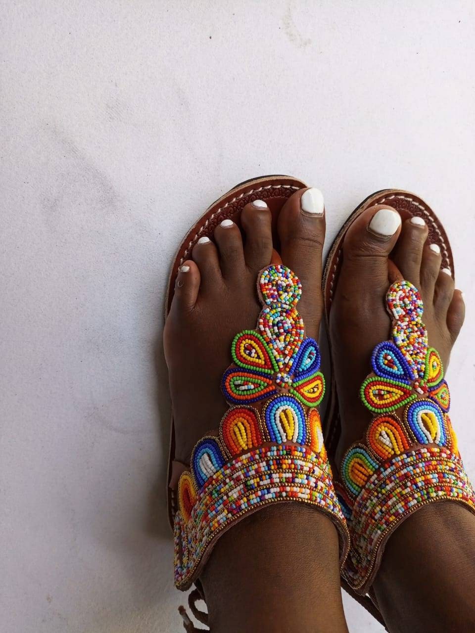 Handmade African Beaded Sandals/Authentic Maasai-Style Leather Flip-Flops Women/Boho Beach Sandals/Comfortable Summer Sandal African Gifts