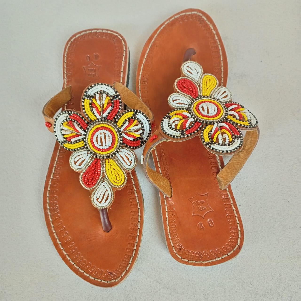 Handmade African Beaded Sandals/Authentic Maasai-Style Leather Flip-Flops Women/Boho Beach Sandals/Comfortable Summer Sandal African Gifts