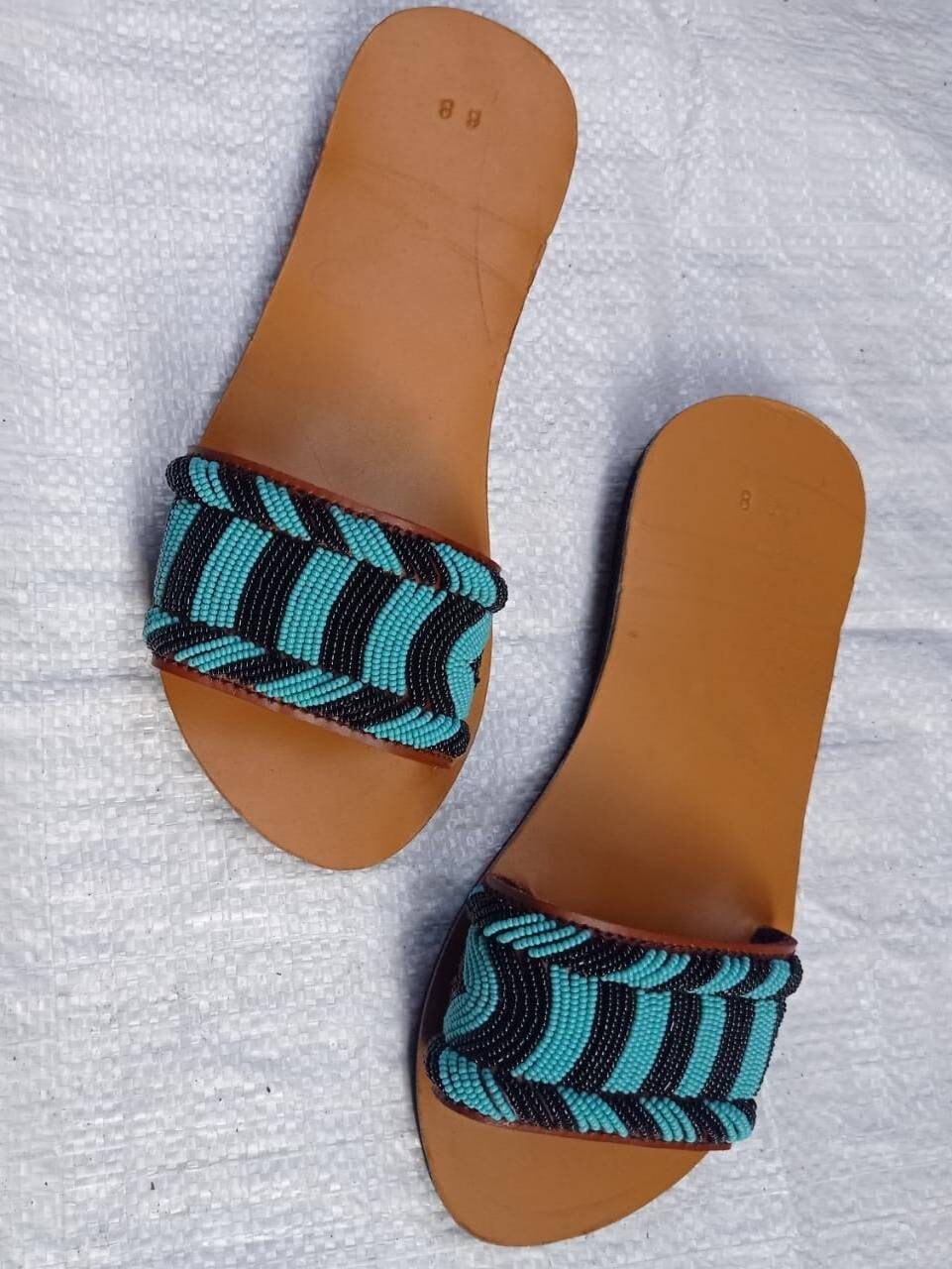 Handmade African Beaded Sandals/Authentic Maasai-Style Leather Flip-Flops Women/Boho Beach Sandals/Comfortable Summer Sandal African Gifts