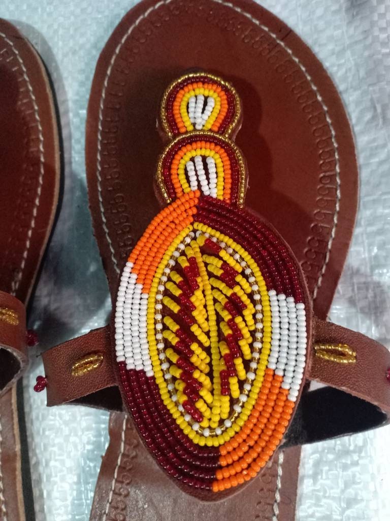Handmade African Beaded Sandals/Authentic Maasai-Style Leather Flip-Flops Women/Boho Beach Sandals/Comfortable Summer Sandal African Gifts