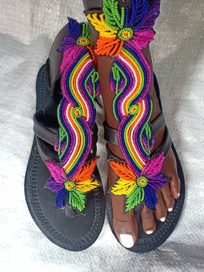 Handmade African Beaded Sandals/Authentic Maasai-Style Leather Flip-Flops Women/Boho Beach Sandals/Comfortable Summer Sandal African Gifts