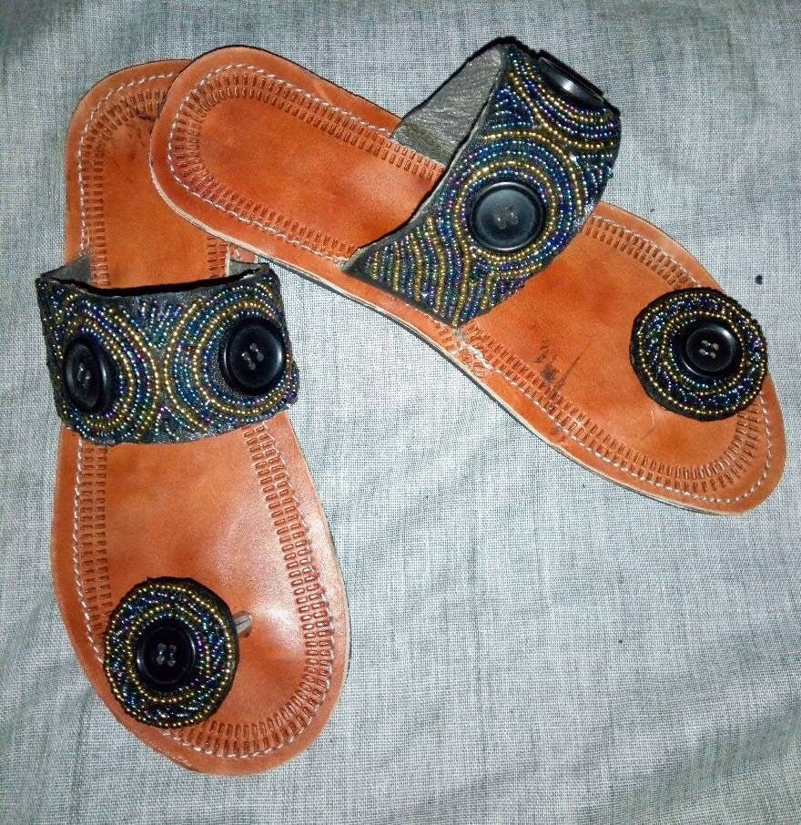 Handmade African Beaded Sandals/Authentic Maasai-Style Leather Flip-Flops Women/Boho Beach Sandals/Comfortable Summer Sandal African Gifts