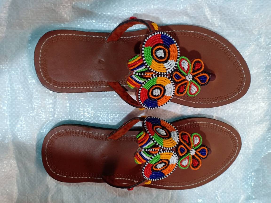 Handmade African Beaded Sandals/Authentic Maasai-Style Leather Flip-Flops Women/Boho Beach Sandals/Comfortable Summer Sandal African Gifts