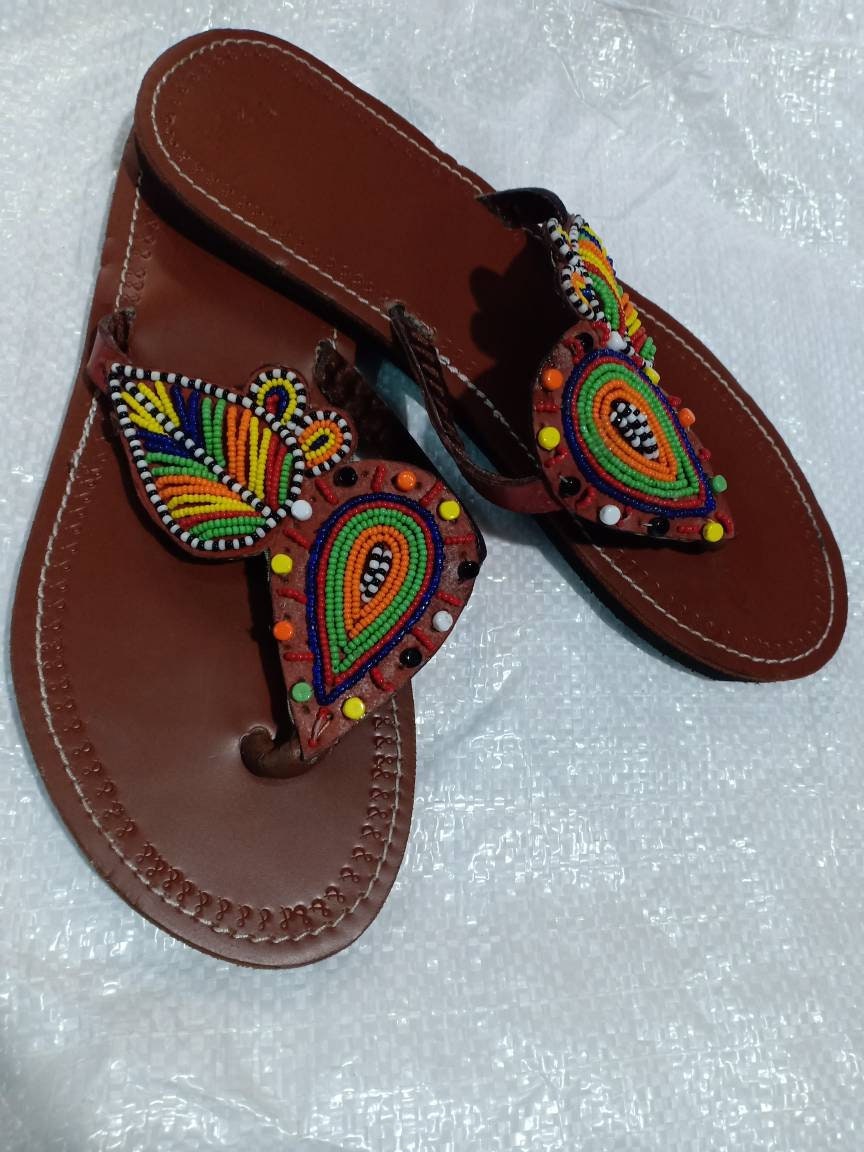 Handmade African Beaded Sandals/Authentic Maasai-Style Leather Flip-Flops Women/Boho Beach Sandals/Comfortable Summer Sandal African Gifts