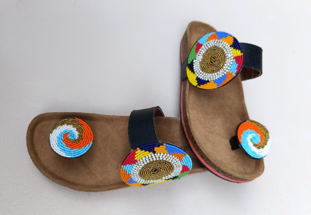 Handmade African Beaded Sandals/Authentic Maasai-Style Leather Flip-Flops Women/Boho Beach Sandals/Comfortable Summer Sandal African Gifts