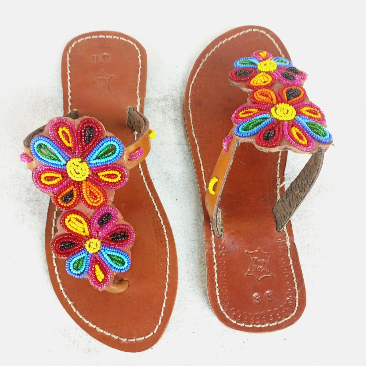 Handmade African Beaded Sandals/Authentic Maasai-Style Leather Flip-Flops Women/Boho Beach Sandals/Comfortable Summer Sandal African Gifts