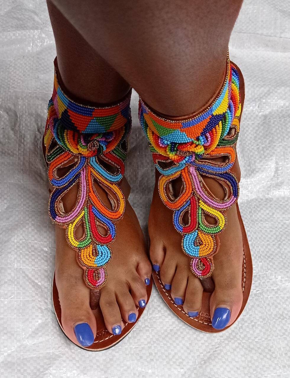 Handmade African Beaded Sandals/Authentic Maasai-Style Leather Flip-Flops Women/Boho Beach Sandals/Comfortable Summer Sandal African Gifts