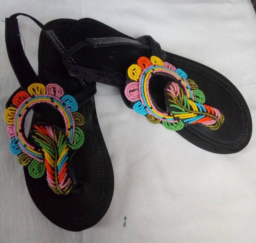Handmade African Beaded Sandals/Authentic Maasai-Style Leather Flip-Flops Women/Boho Beach Sandals/Comfortable Summer Sandal African Gifts