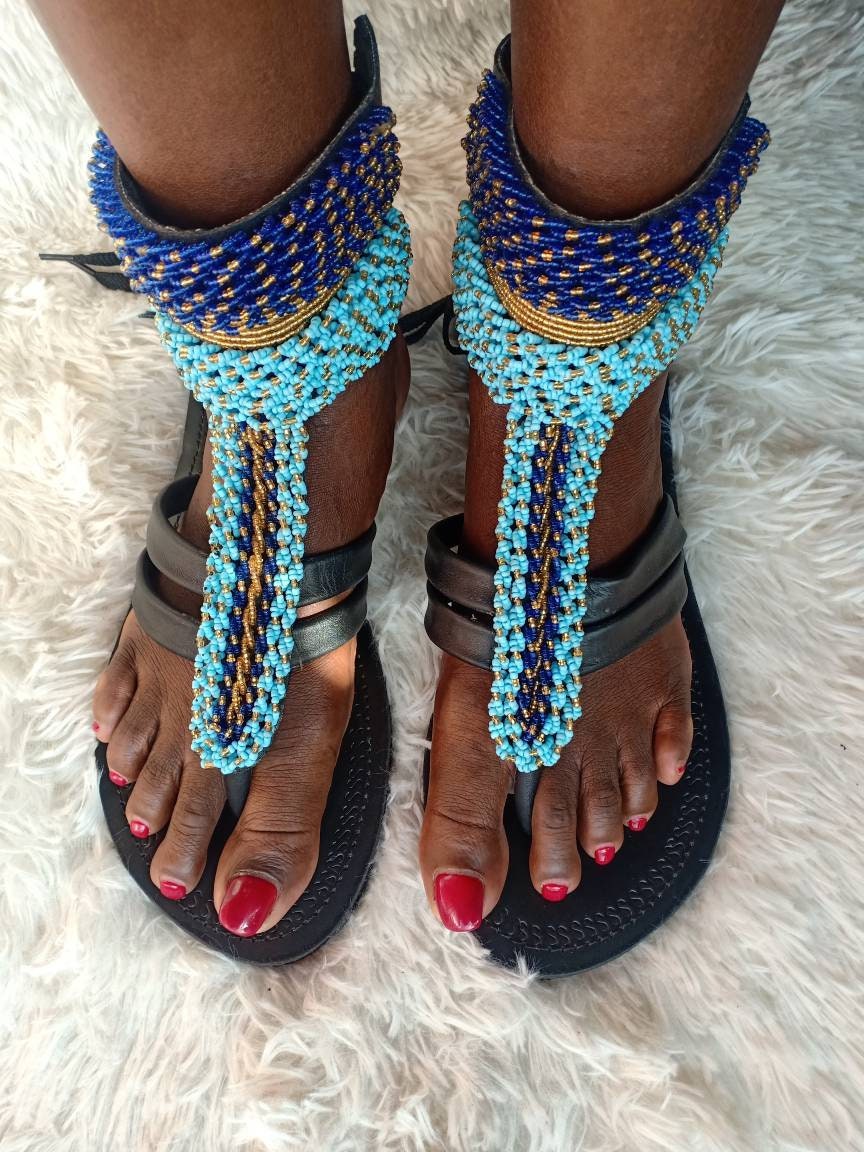 Handmade African Beaded Sandals/Authentic Maasai-Style Leather Flip-Flops Women/Boho Beach Sandals/Comfortable Summer Sandal African Gifts