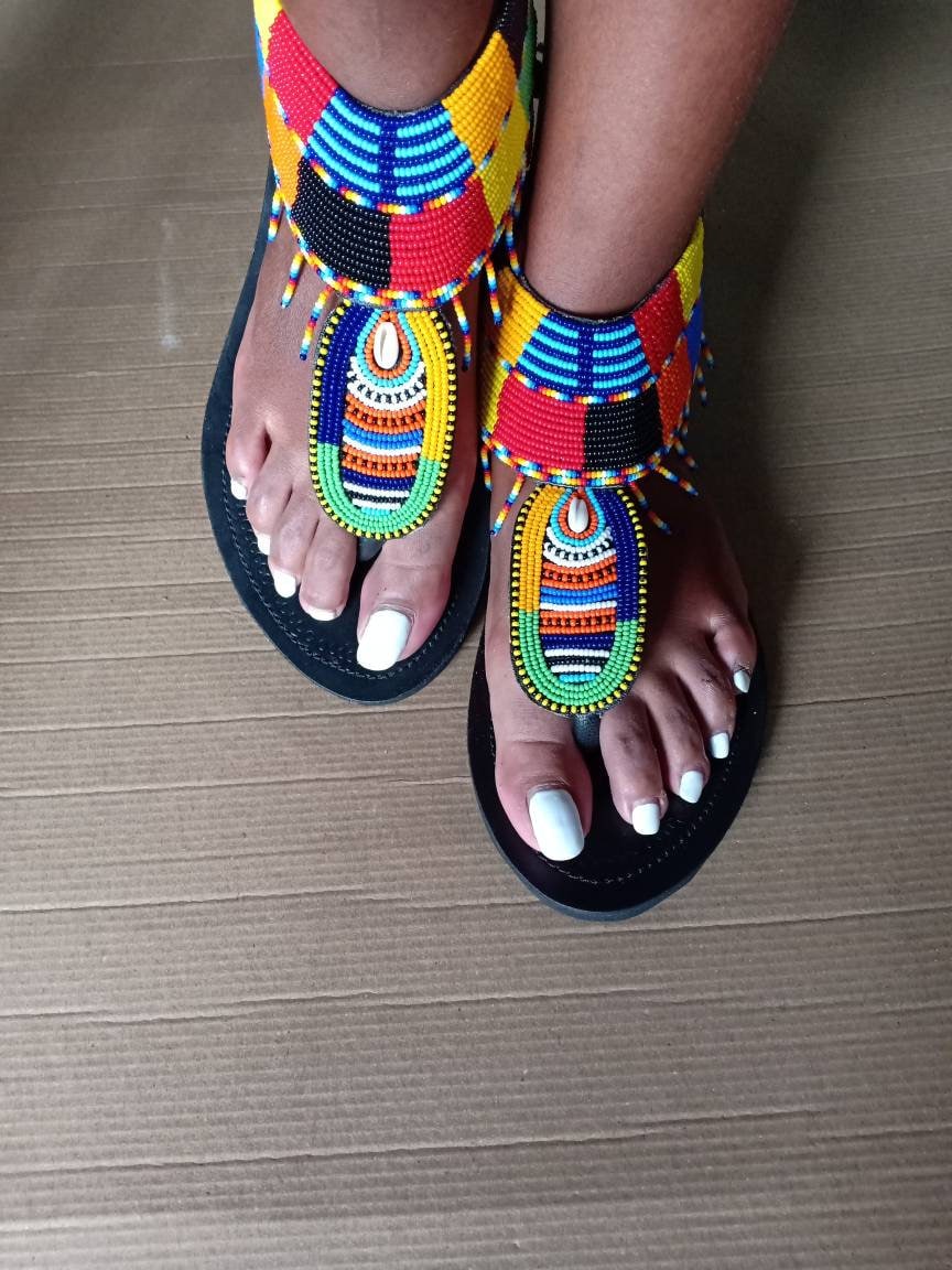 Handmade African Beaded Sandals/Authentic Maasai-Style Leather Flip-Flops Women/Boho Beach Sandals/Comfortable Summer Sandal African Gifts