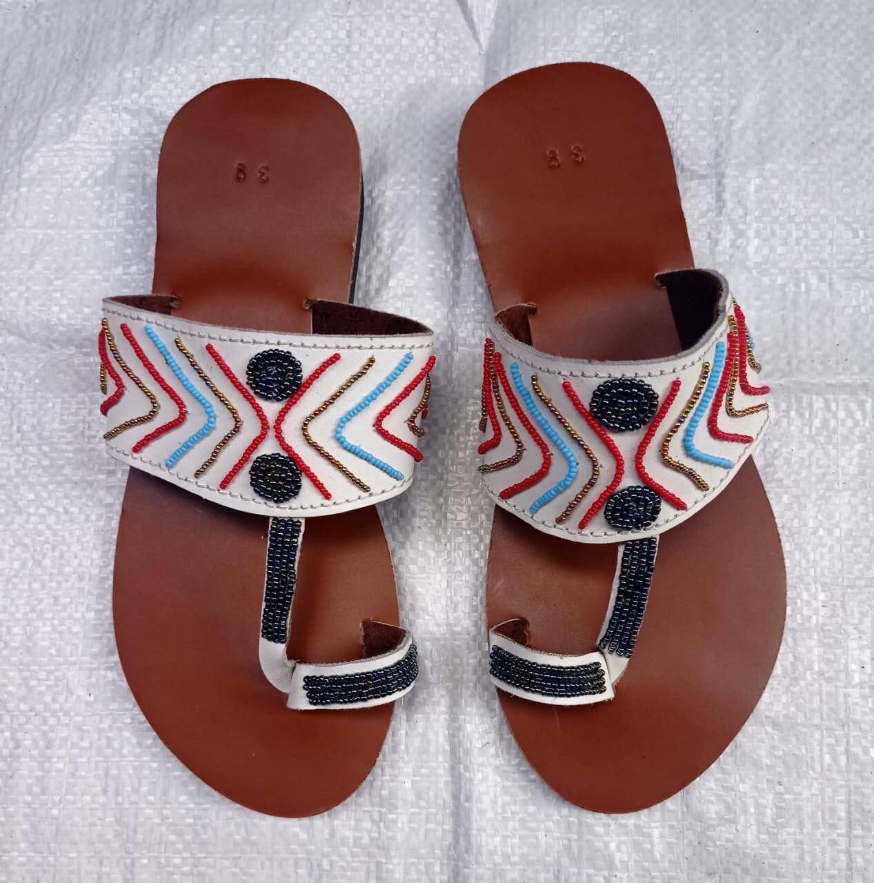 Handmade African Beaded Sandals/Authentic Maasai-Style Leather Flip-Flops Women/Boho Beach Sandals/Comfortable Summer Sandal African Gifts