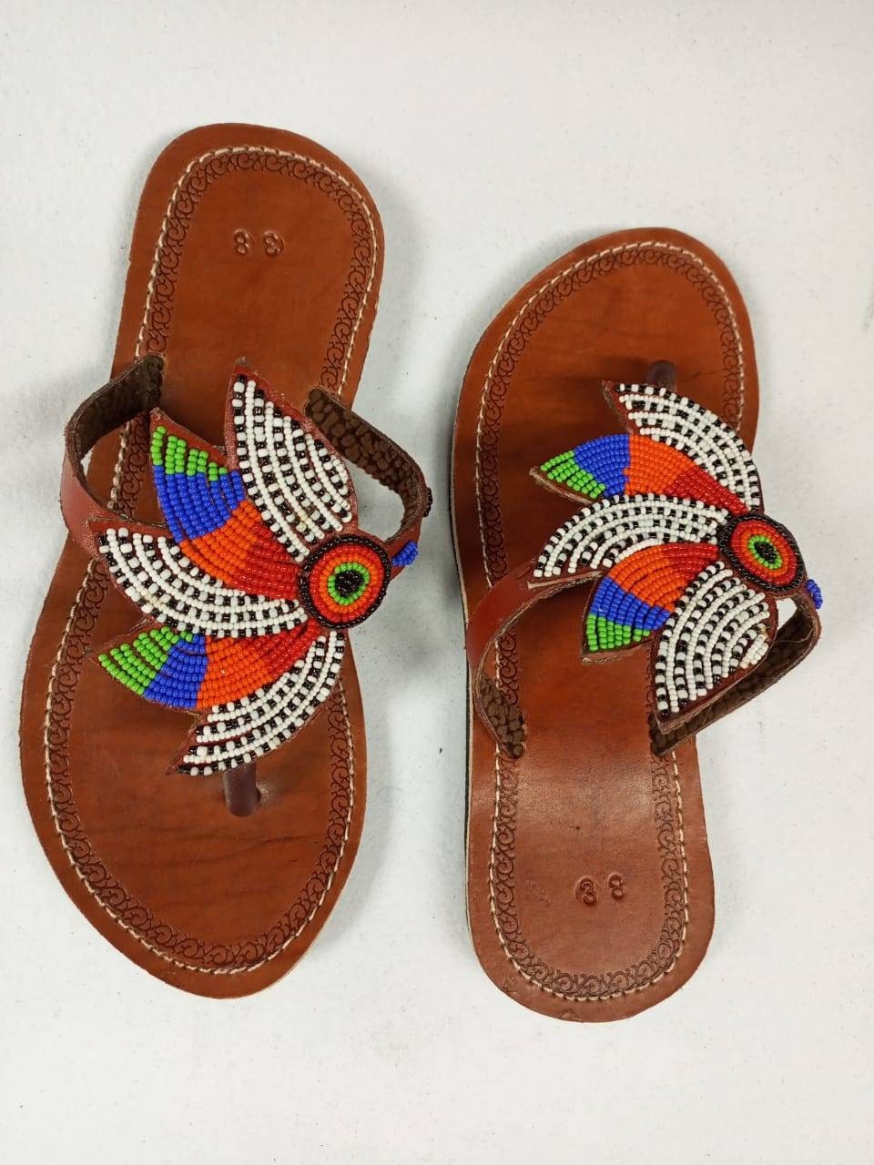 Handmade African Beaded Sandals/Authentic Maasai-Style Leather Flip-Flops Women/Boho Beach Sandals/Comfortable Summer Sandal African Gifts