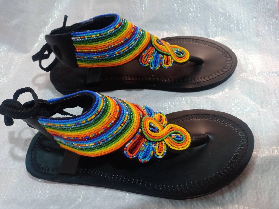 Handmade African Beaded Sandals/Authentic Maasai-Style Leather Flip-Flops Women/Boho Beach Sandals/Comfortable Summer Sandal African Gifts