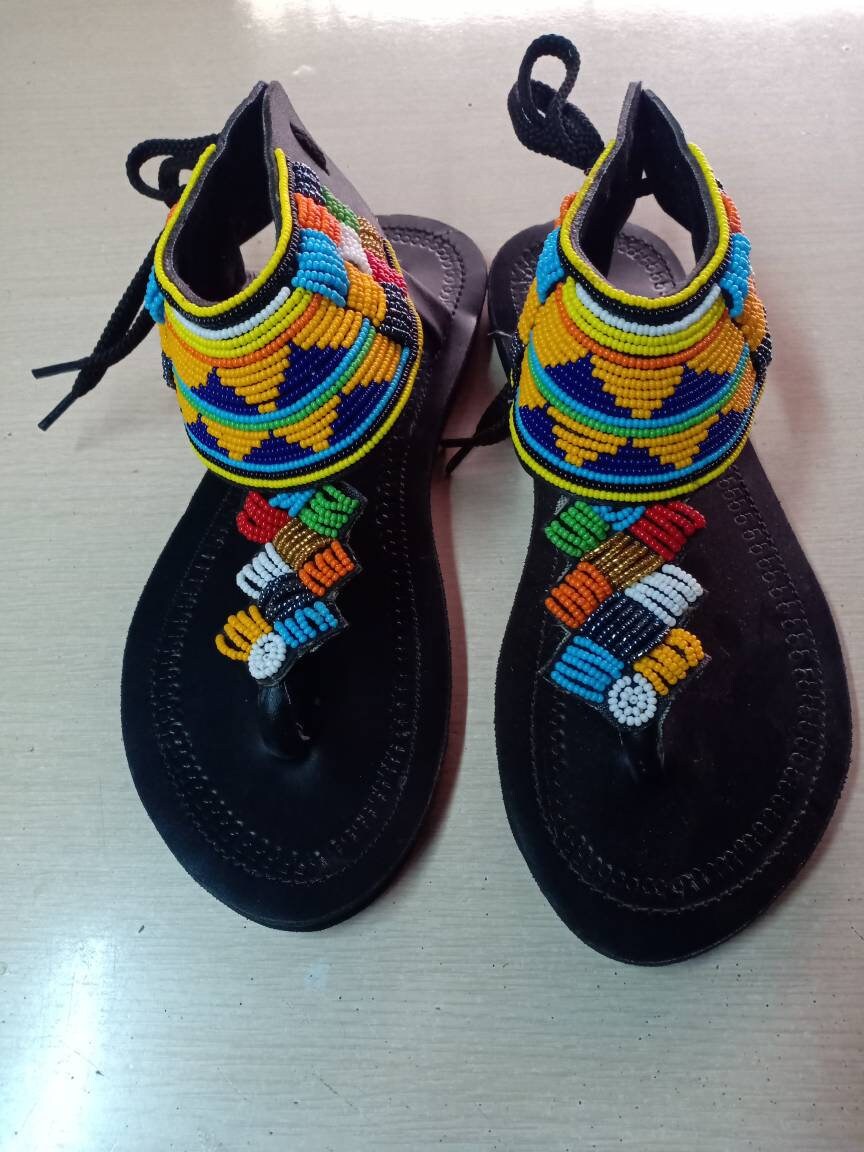 Handmade African Beaded Sandals/Authentic Maasai-Style Leather Flip-Flops Women/Boho Beach Sandals/Comfortable Summer Sandal African Gifts