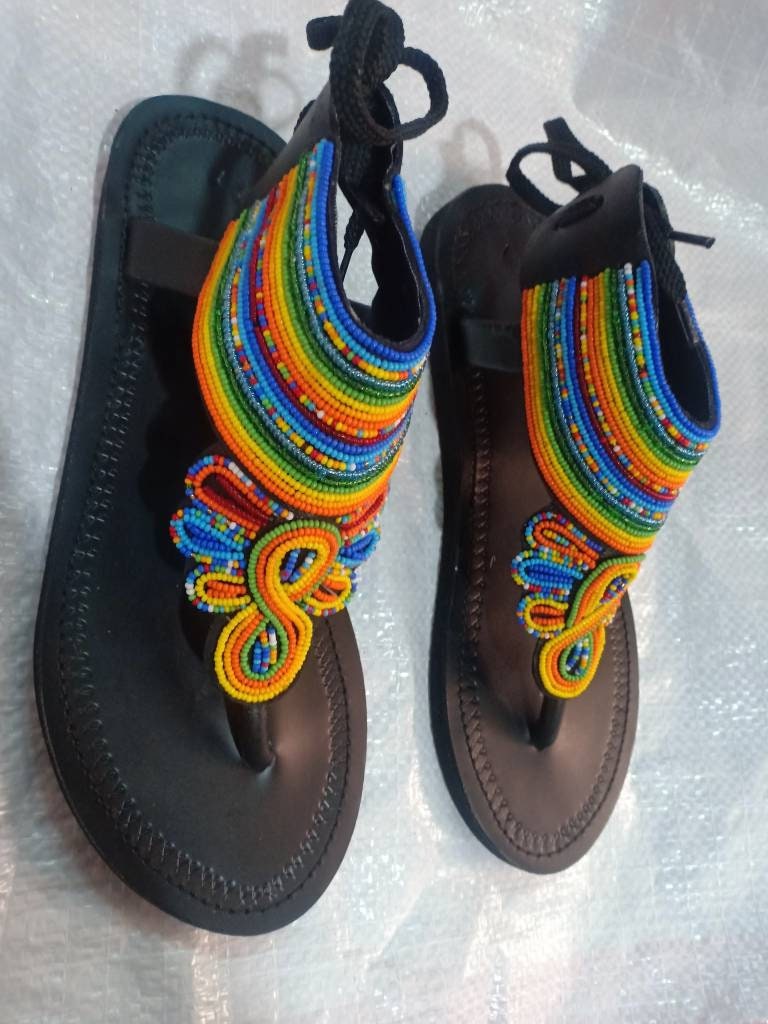 Handmade African Beaded Sandals/Authentic Maasai-Style Leather Flip-Flops Women/Boho Beach Sandals/Comfortable Summer Sandal African Gifts