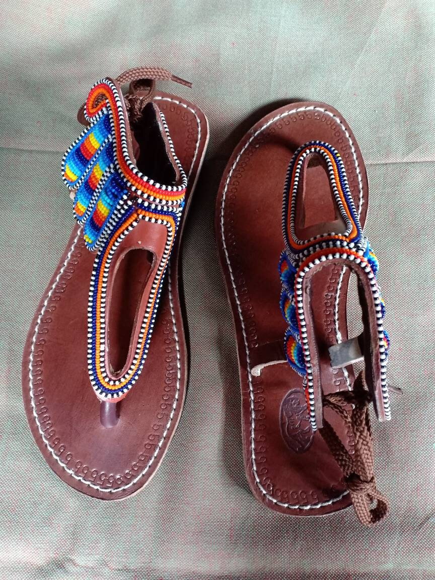 Handmade African Beaded Sandals/Authentic Maasai-Style Leather Flip-Flops Women/Boho Beach Sandals/Comfortable Summer Sandal African Gifts
