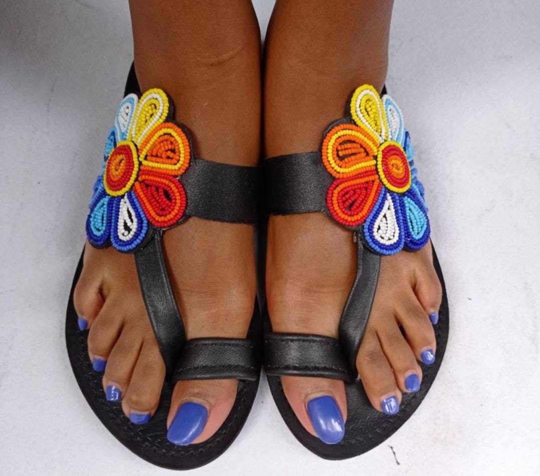 Handmade African Beaded Sandals/Authentic Maasai-Style Leather Flip-Flops Women/Boho Beach Sandals/Comfortable Summer Sandal African Gifts