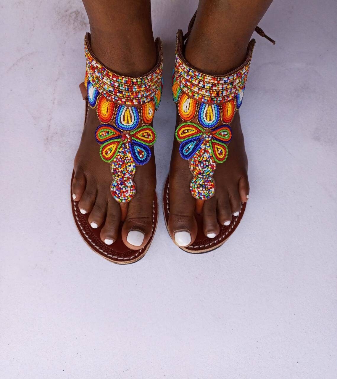 Handmade African Beaded Sandals/Authentic Maasai-Style Leather Flip-Flops Women/Boho Beach Sandals/Comfortable Summer Sandal African Gifts