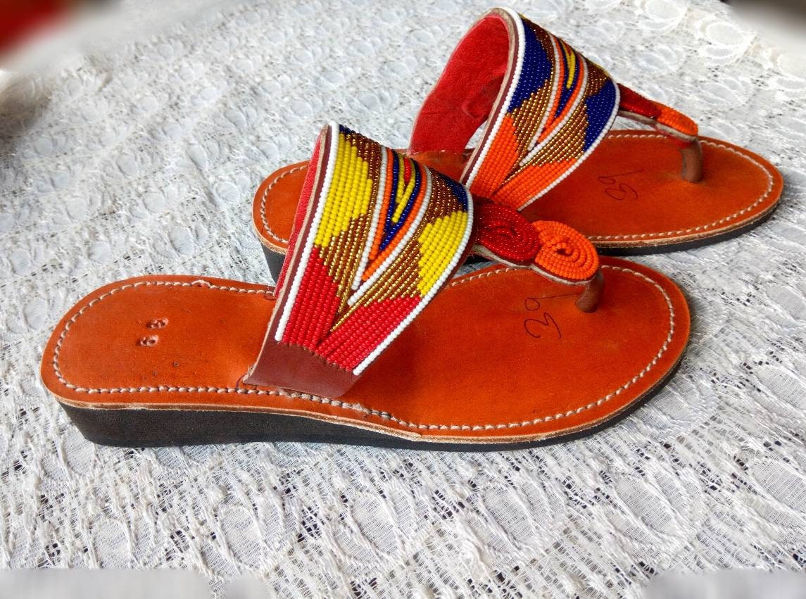 CUSTOMIZED Wedge Beaded Sandals/Authentic Maasai-Style Leather Flip-Flops Women/Boho Beach Sandals/Comfortable Summer Sandal African Gifts