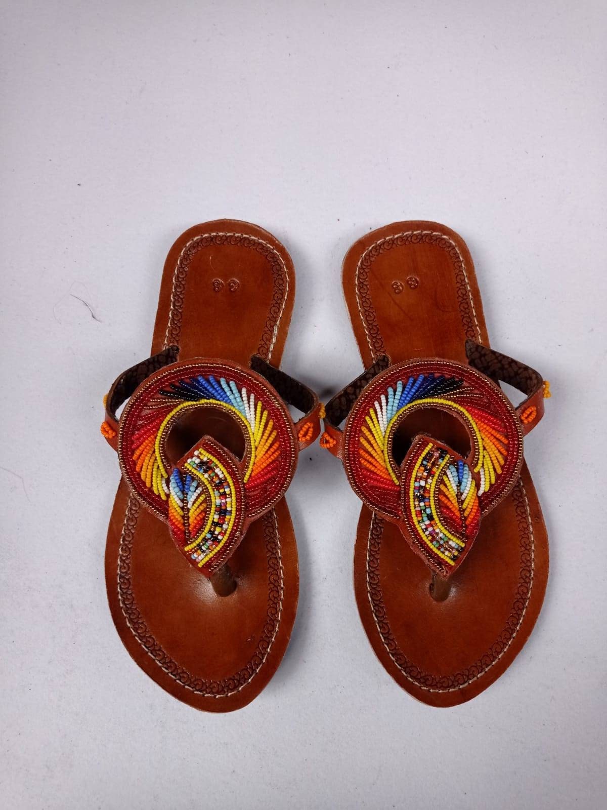 Handmade African Beaded Sandals/Authentic Maasai-Style Leather Flip-Flops Women/Boho Beach Sandals/Comfortable Summer Sandal African Gifts