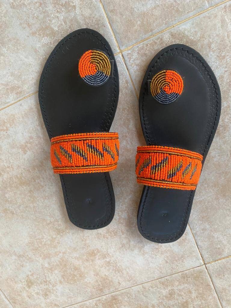 Handmade African Beaded Sandals/Authentic Maasai-Style Leather Flip-Flops Women/Boho Beach Sandals/Comfortable Summer Sandal African Gifts