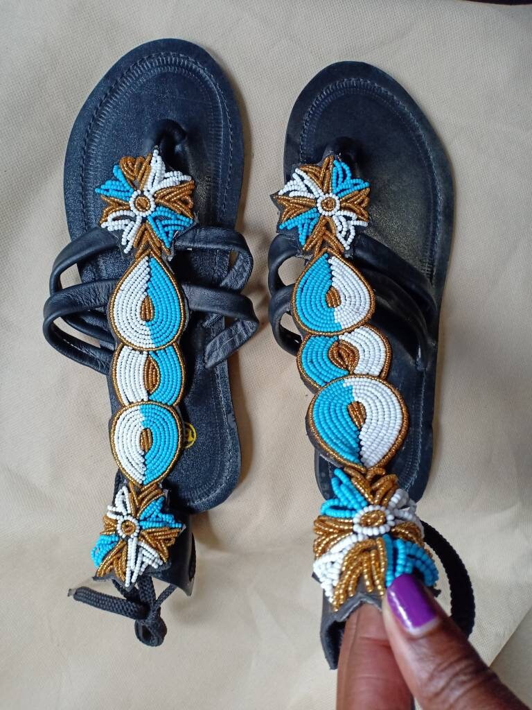 Handmade African Beaded Sandals/Authentic Maasai-Style Leather Flip-Flops Women/Boho Beach Sandals/Comfortable Summer Sandal African Gifts