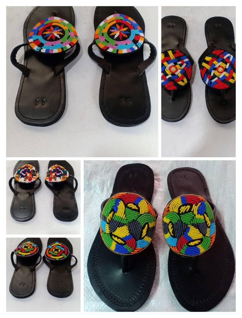 Handmade African Beaded Sandals/Authentic Maasai-Style Leather Flip-Flops Women/Boho Beach Sandals/Comfortable Summer Sandal African Gifts