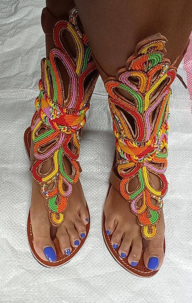 Handmade African Beaded Sandals/Authentic Maasai-Style Leather Flip-Flops Women/Boho Beach Sandals/Comfortable Summer Sandal African Gifts