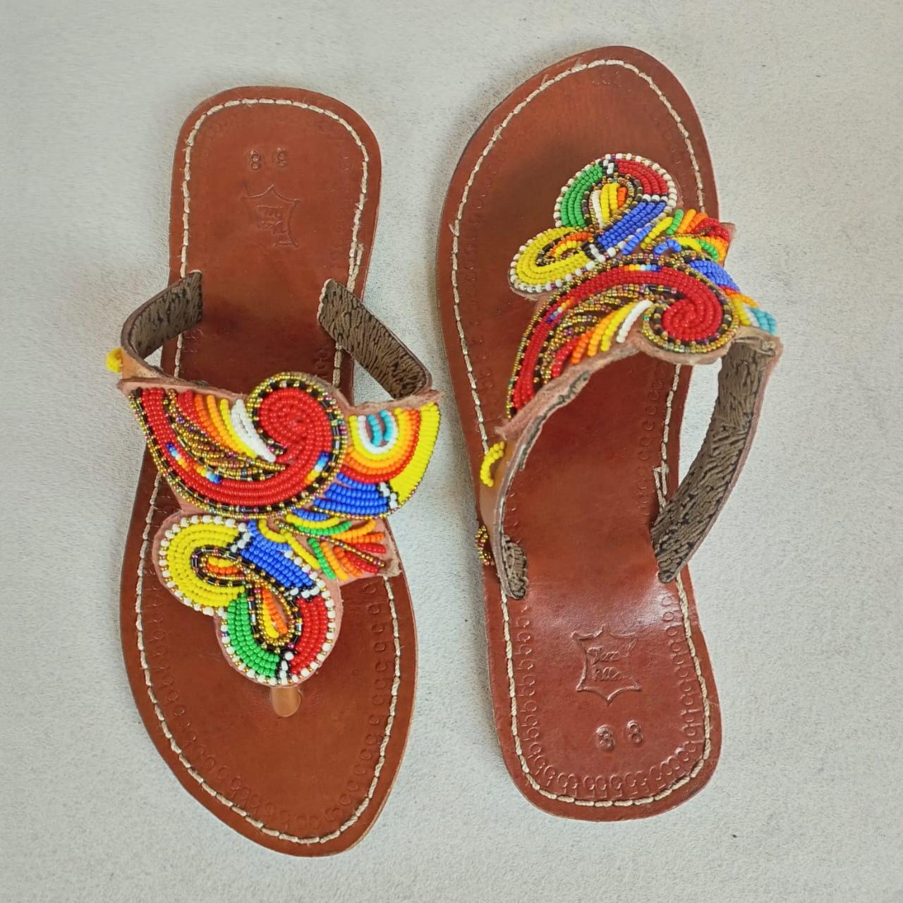 Handmade African Beaded Sandals/Authentic Maasai-Style Leather Flip-Flops Women/Boho Beach Sandals/Comfortable Summer Sandal African Gifts