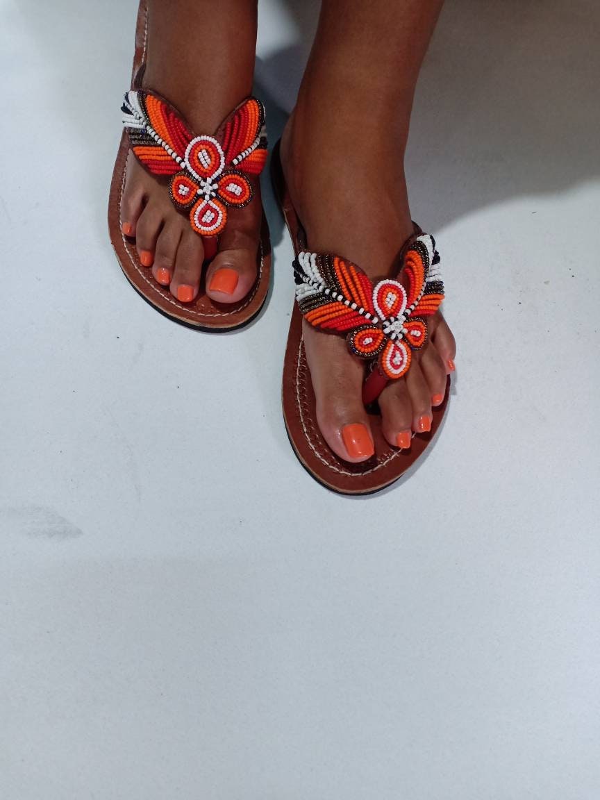 Handmade African Beaded Sandals/Authentic Maasai-Style Leather Flip-Flops Women/Boho Beach Sandals/Comfortable Summer Sandal African Gifts