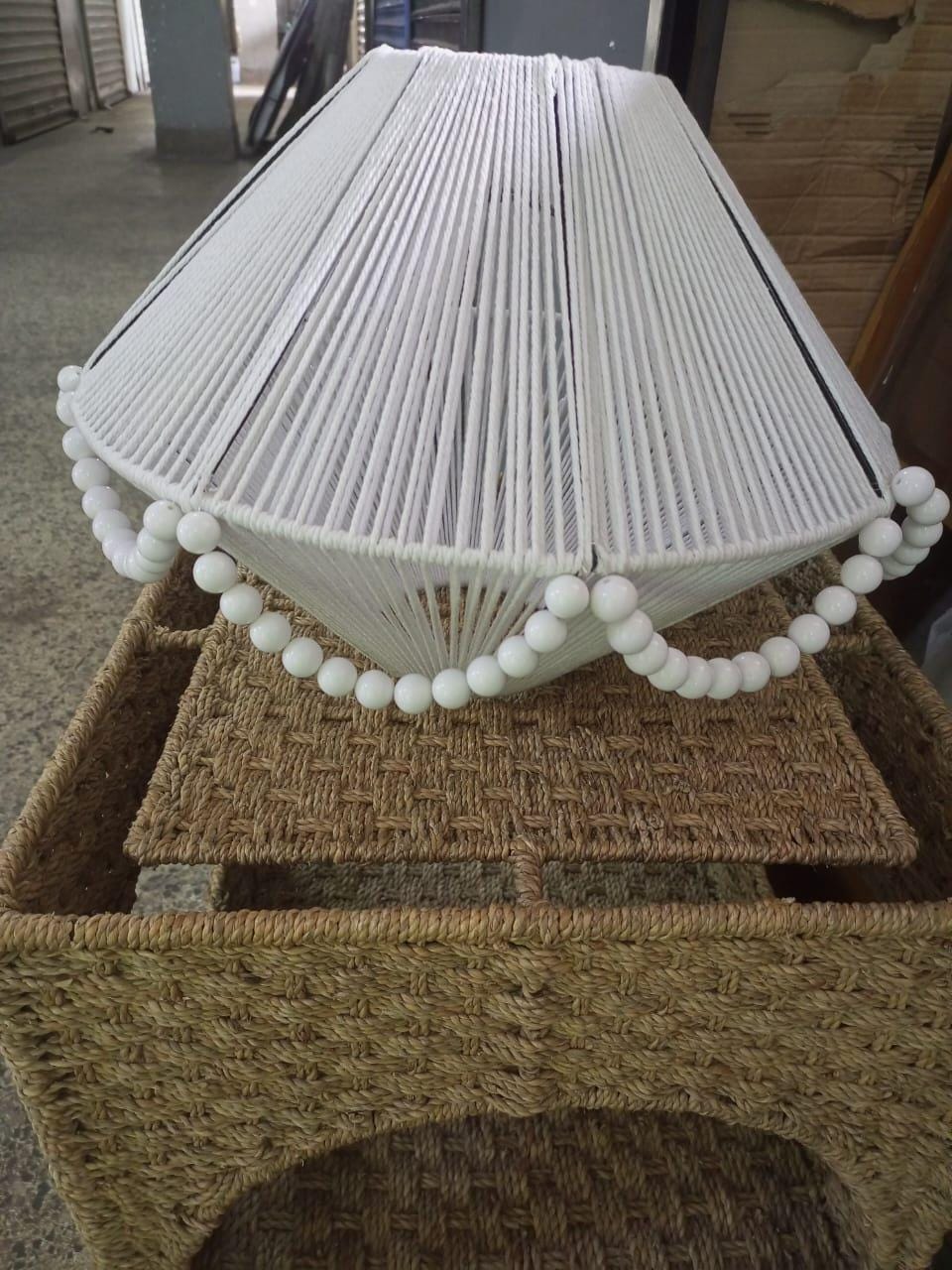 Handcrafted White Cord Lamp Shade with Elegant Beads – Boho Chic Lighting for Home Décor