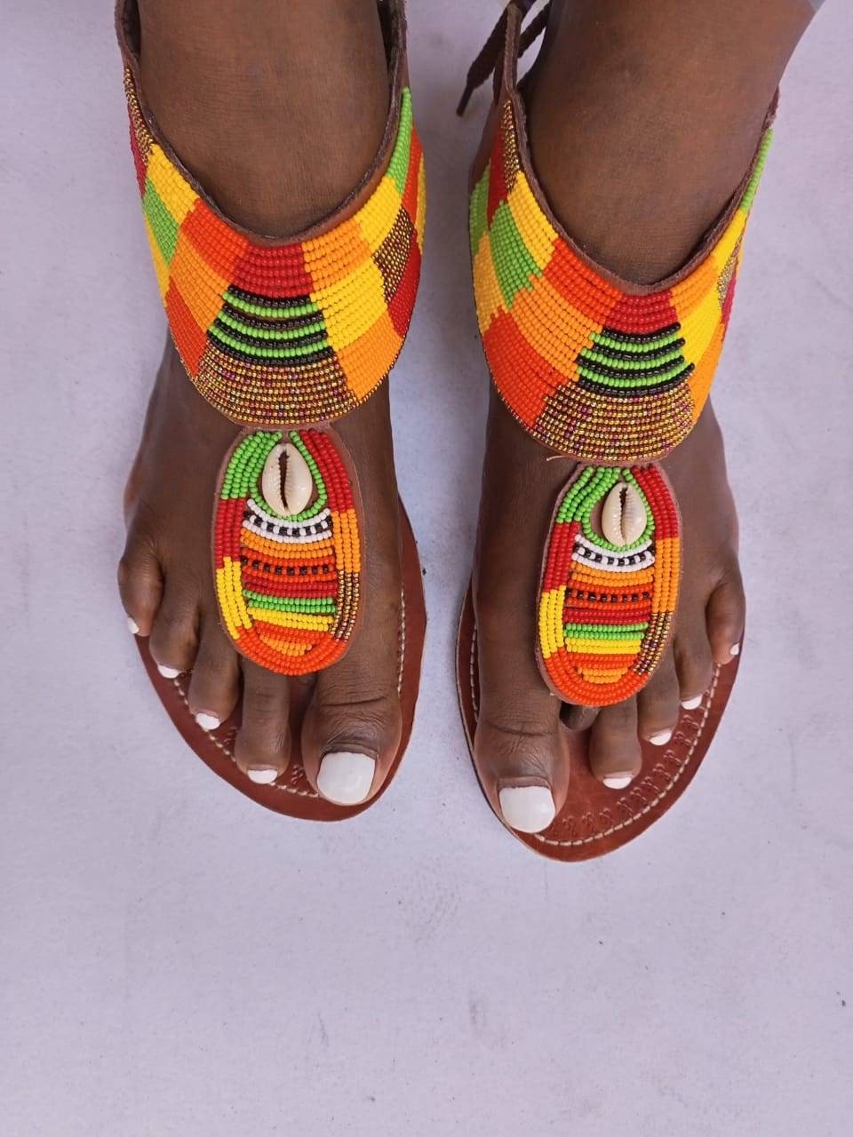 Handmade African Beaded Sandals/Authentic Maasai-Style Leather Flip-Flops Women/Boho Beach Sandals/Comfortable Summer Sandal African Gifts