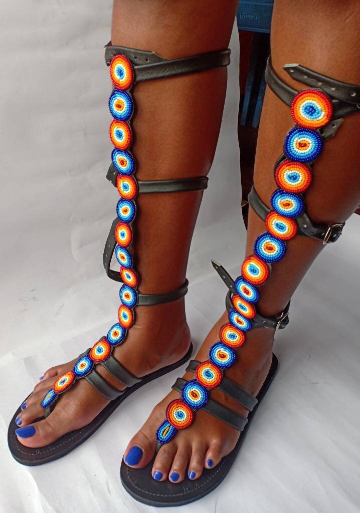 knee length gladiator Beaded Sandals/Authentic Maasai-Style Leather Flip-Flops Women/Boho Beach Sandals/ Summer Sandal African Gifts